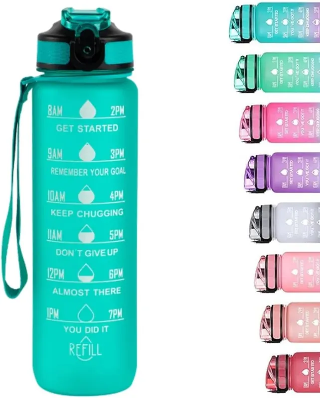 Cheap 1L Motivational Sipper Water Bottle with Straw & Time Marker Leakproof BPA-Free Plastic Sports Bottle for Gym, Office, School, Home & Outdoor (Cool Green)