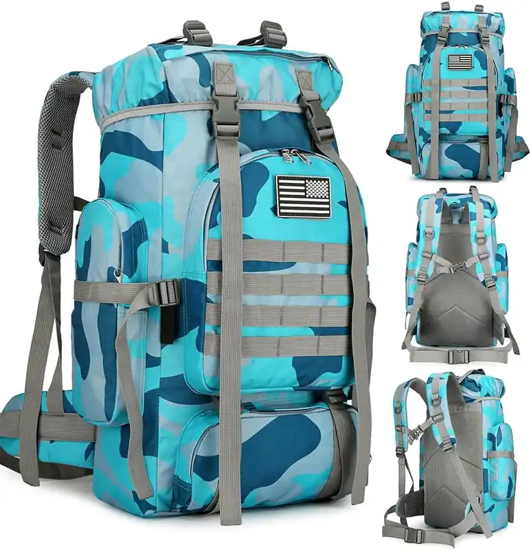 45L Hiking Backpack Waterproof Travel Backpack Lightweight Outdoor Daypack Camping Backpack for Men Women (Blue Camo) Certified