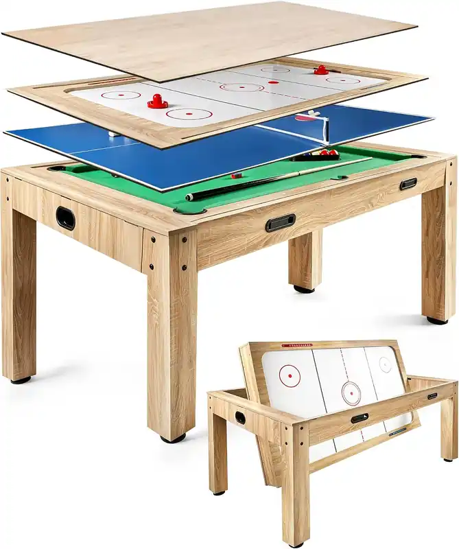Cheap 7FT 4-in-1 Multi Game Table with Pool Table Air Hockey Ping Pong, Convertible Pool Dining Table & Desktop with Locked Wheels, Complete Accessories Table Combo for Home, Game Room and Family Daily Use
