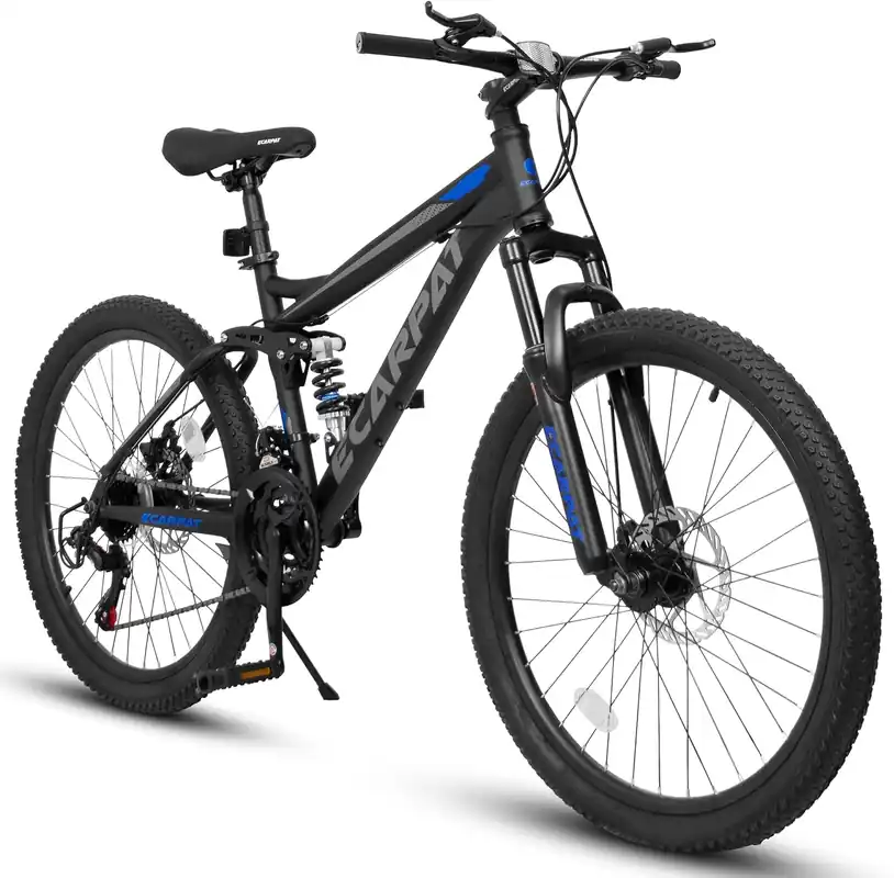 A2660 Mountain Bike 26 Inch Wheels, 21-Speed Full Suspension Trail Commuter City Mountain Bike, Carbon Steel Frame Disc Brakes Thumb Shifter Front Fork Rear Shock Absorber Bicycles Low Price
