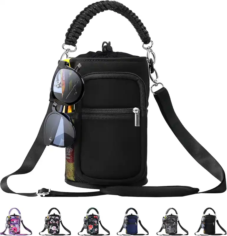 AceTreker 32/40/64/87/128 oz Water Bottle Carrier Bag, Neoprene Water Bottle Sleeve with 4 Pocket, Sport Water Holder with Paracord Handle and Shoulder Strap for Walking Hiking Camping Gym Last Chance