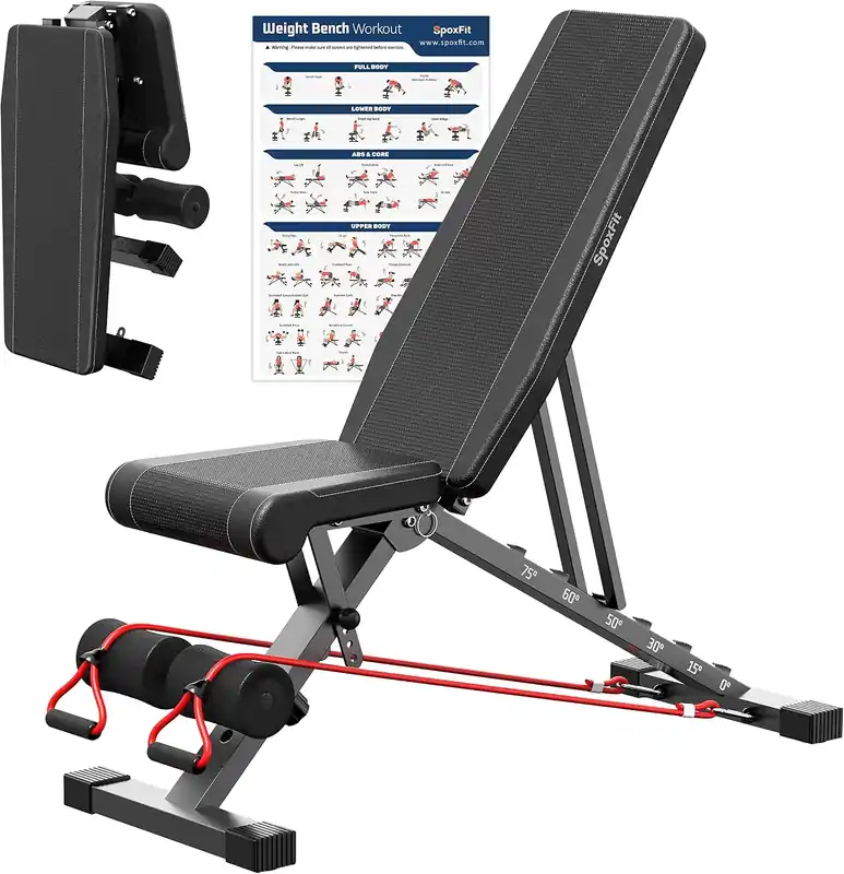 Adjustable Weight Bench, Full Body Workout Bench for Home Gym, Multi-Purpose Small Lightweight Bench with Workout Poster & Resistance Bands, Folding Weight Bench Super Easy Assembly Mega Sale
