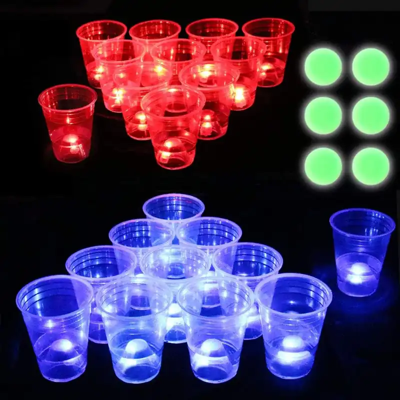 Ahuimeius The Dark Beer Pong Set, LED Beer Pong Cups with Glow-in-the-Dark Balls, 22 Cups, 22 LED Lights (11 Red, 11 Blue), 6 Balls, Glow Party Game Set Final Sale