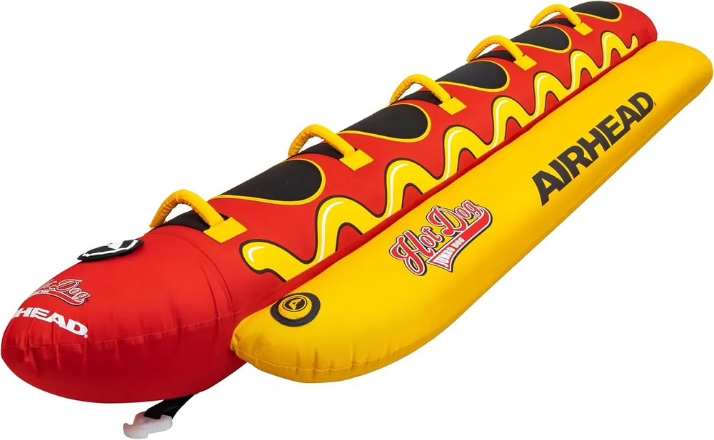 Airhead Hot Dog Towable Multiple Models, Tube for Boating and Water Sports, Neoprene Seat Pads, Double-Stitched Full Nylon Cover, and Boston Valve for Convenient Inflating & Deflating Reduced Price